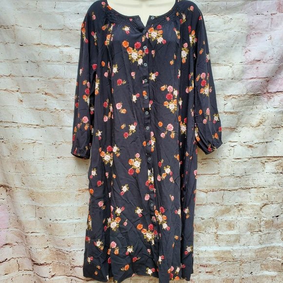 J. Jill Dresses & Skirts - J. Jill Black Floral Dress Long Sleeves Button Front Cottage Core Size Large L